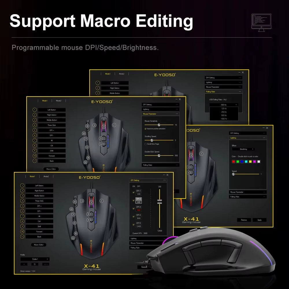 X-41 USB Wired RGB Gaming Mouse 12400 DPI PAW3327 10 Buttons Programmable Game Optical Mice for Computer PC Laptop