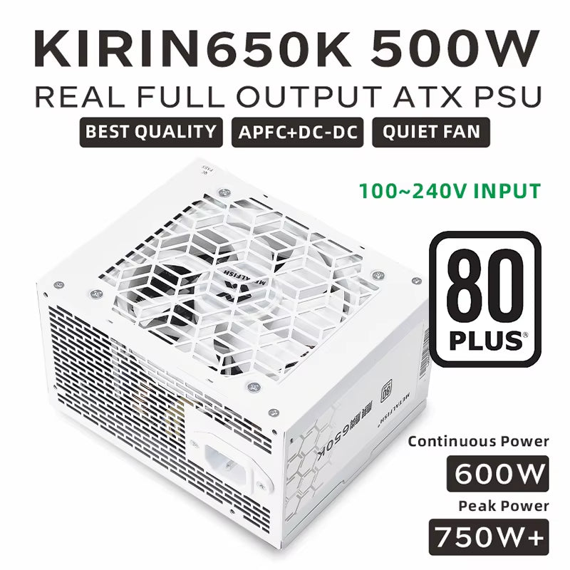 KIRIN650K White Chassis Power Supply ATX-500W 80PLUS PSU for Gaming Computers, Graphics Card Docks (100-240V)