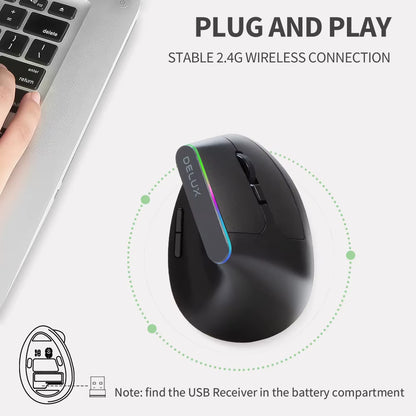 M618C Wireless Silent Ergonomic Vertical 6 Buttons Gaming Mouse USB Receiver RGB 1600 DPI Optical Mice with for PC Laptop