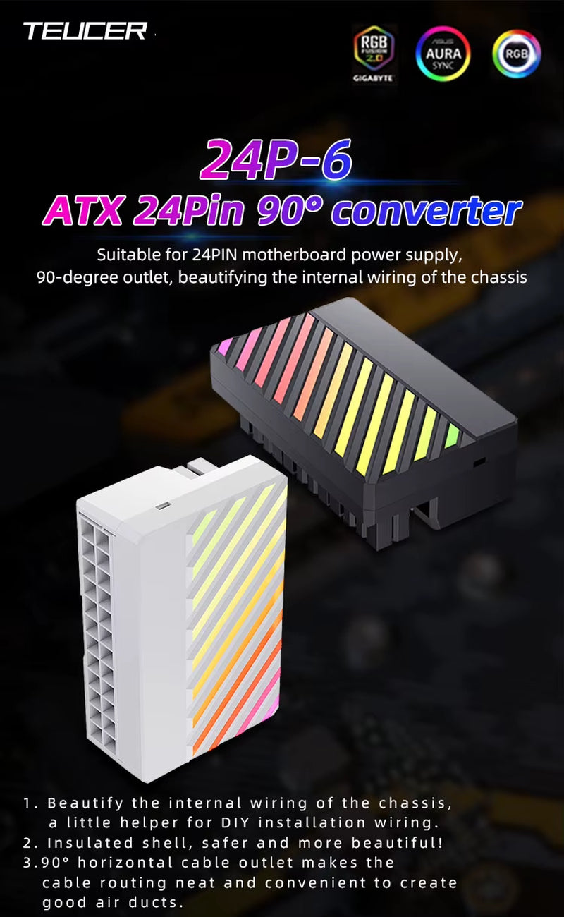 TEUCER 24Pin ATX 90° ARGB Adapter - Perfect Converter for 24Pin Motherboard Power Supplies