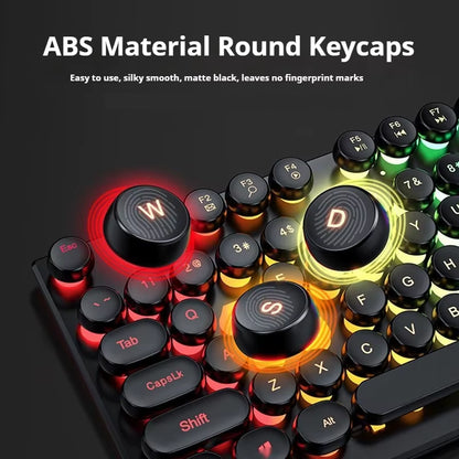GX330 Typewriter Gaming Keyboard, 104 Keys Wired Retro Punk round Keycaps, with RGB Backlit, for Windows Laptop PC Black