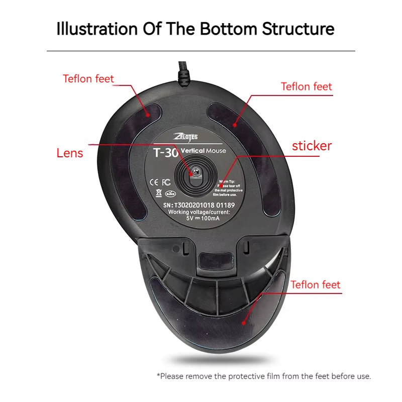 Zelotes T-30 Upright Optical Mouse Programmable 6 Keys 4-Speed DPI Adjustable Computer Office Wired Mouse Gaming Mouse