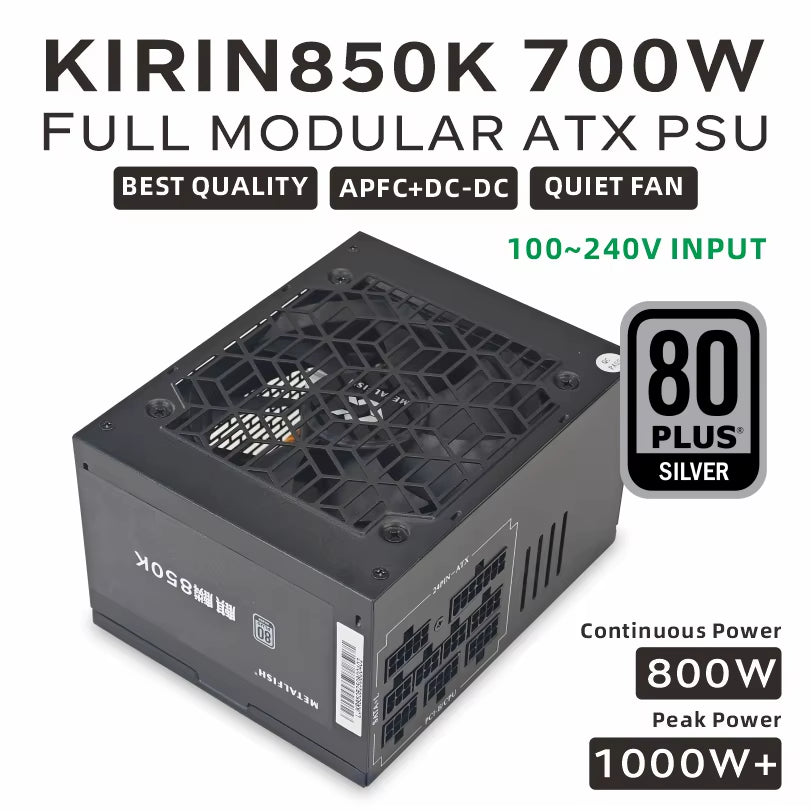 KIRIN850K ATX-600W 700W Black Power Supply 80 plus SILVER Support ATX3.0 Gaming Computer PSU for BTC(100-240V)