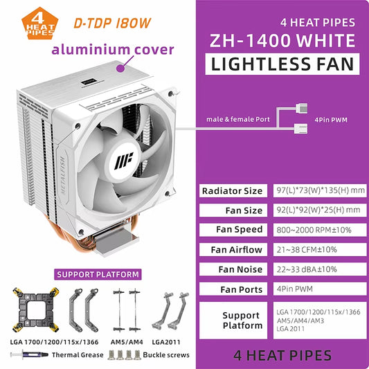 ZH1400 CPU Cooler with 4 Heatpipes & Silent ARGB Fan - Compatible with Intel & AMD Processors