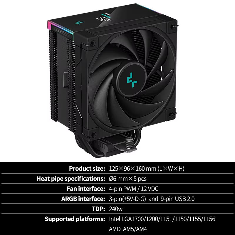 Deepcool AK500S High-Performance CPU Cooler with Digital Display - 5 Heat Pipes, 240W TDP, 120mm Silent Air-Cooling Solution
