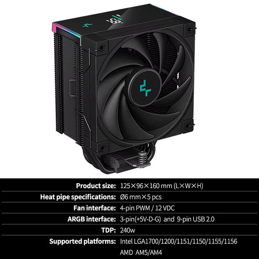Deepcool AK500S High-Performance CPU Cooler with Digital Display - 5 Heat Pipes, 240W TDP, 120mm Silent Air-Cooling Solution
