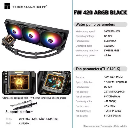 FW 420 All-In-One CPU Water Cooler with 2.4" IPS LCD Monitor - Customizable Themes for LGA1851/1700 and AMD AM4/AM5