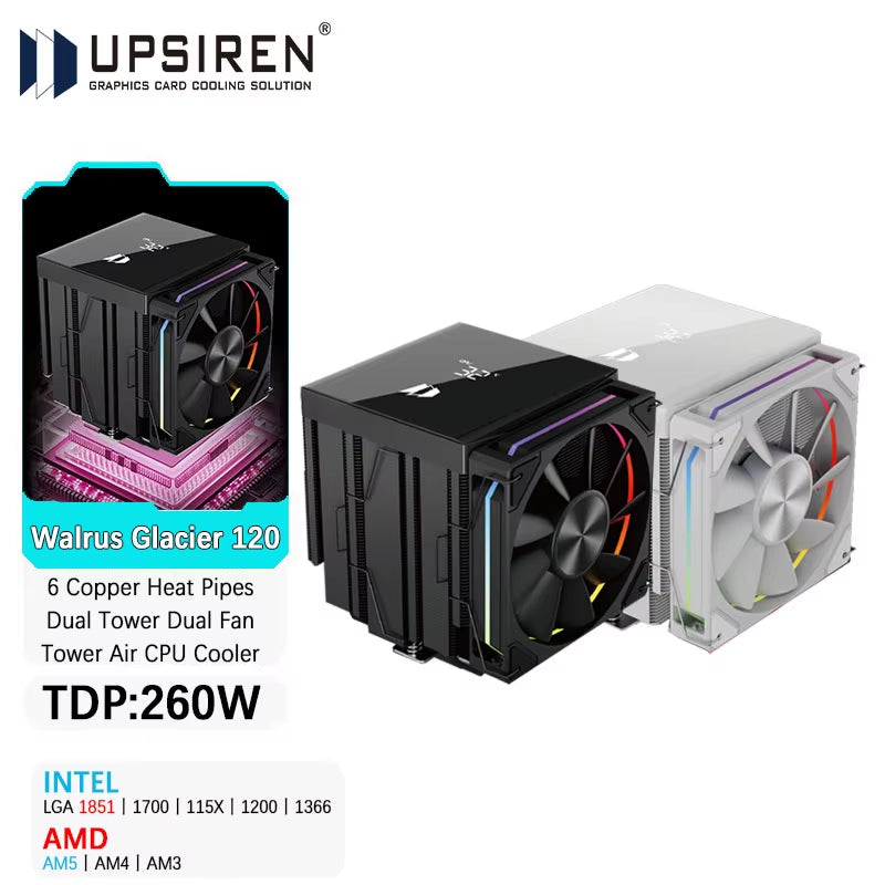 Walrus Glacier 120 Dual Tower CPU Cooler with Digital Display - 6 Copper Heat Pipes & Dual Fans for LGA1851 & AMD AM5