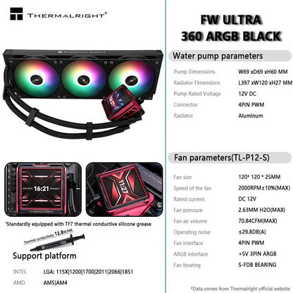 FW 360 ULTRA All-In-One CPU Water Cooler with 2.88" IPS LCD Monitor & Customizable Themes for LGA1851/1700 & AMD AM5